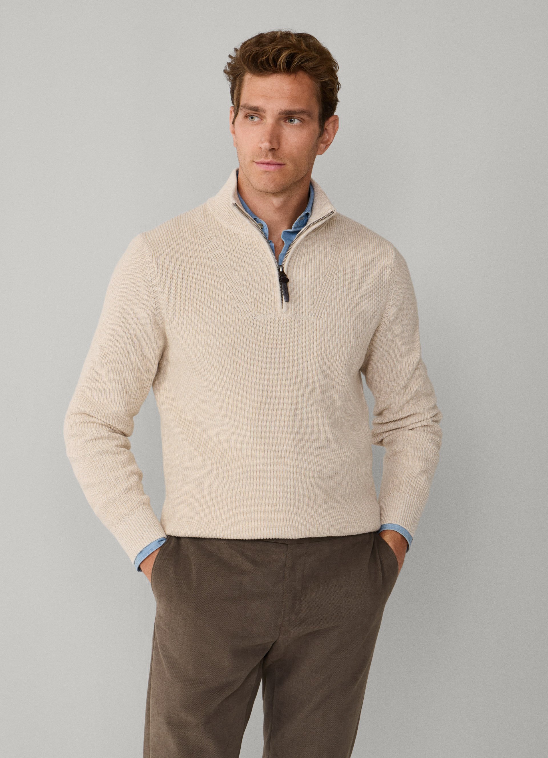 Cotton-Cashmere Ribbed Quarter Zip Jumper | Hackett London